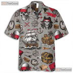 Vintage Pirate Skull Nautical Treasure Map Pattern Hawaiian Tee Unisex Outfit