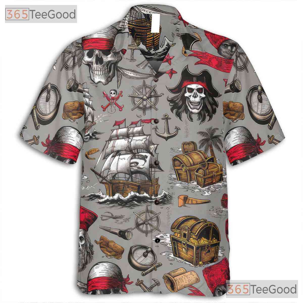 Vintage Pirate Skull Nautical Treasure Map Pattern Hawaiian Tee Unisex Outfit