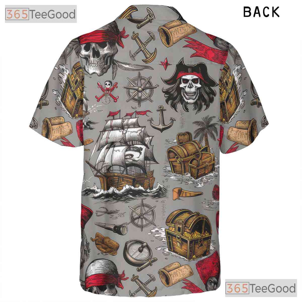 Vintage Pirate Skull Nautical Treasure Map Pattern Hawaiian Tee Unisex Outfit