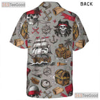 Vintage Pirate Skull Nautical Treasure Map Pattern Hawaiian Tee Unisex Outfit