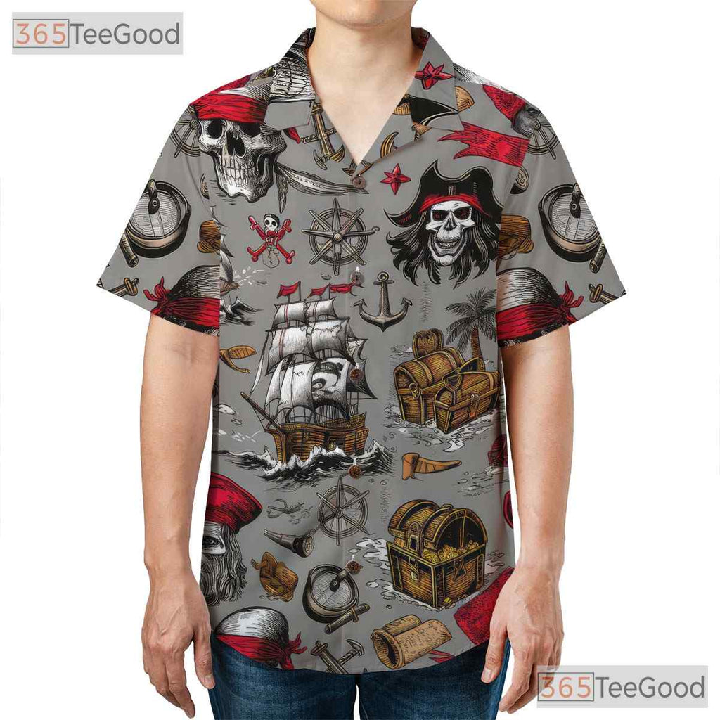 Vintage Pirate Skull Nautical Treasure Map Pattern Hawaiian Tee Unisex Outfit