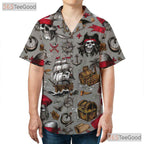 Vintage Pirate Skull Nautical Treasure Map Pattern Hawaiian Tee Unisex Outfit