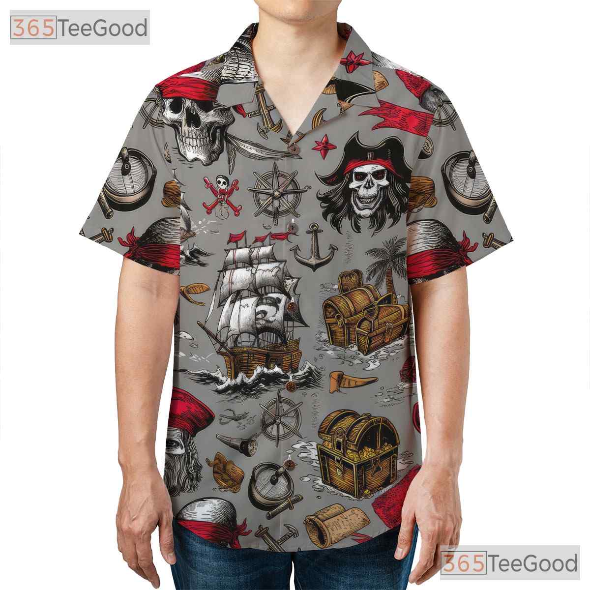 Vintage Pirate Skull Nautical Treasure Map Pattern Hawaiian Tee Unisex Outfit