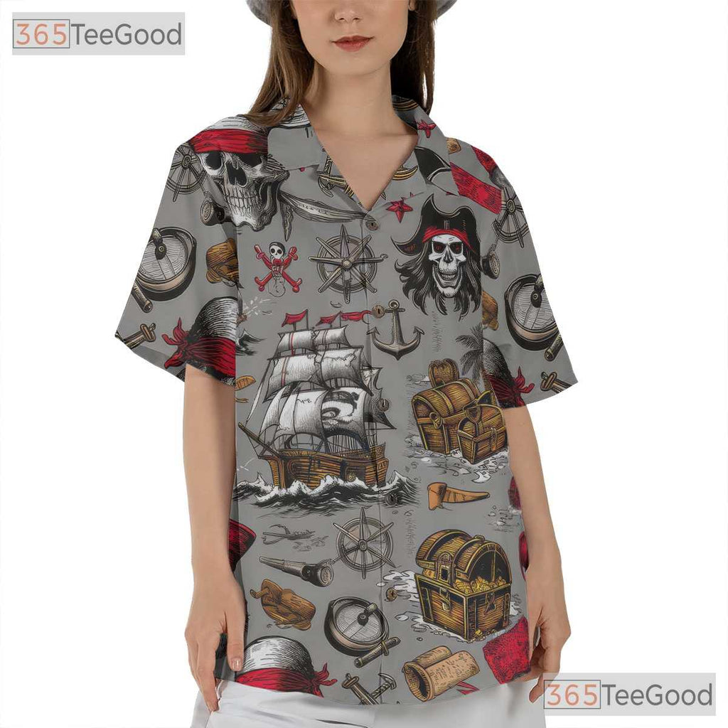Vintage Pirate Skull Nautical Treasure Map Pattern Hawaiian Tee Unisex Outfit