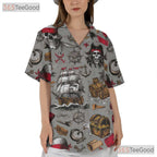 Vintage Pirate Skull Nautical Treasure Map Pattern Hawaiian Tee Unisex Outfit
