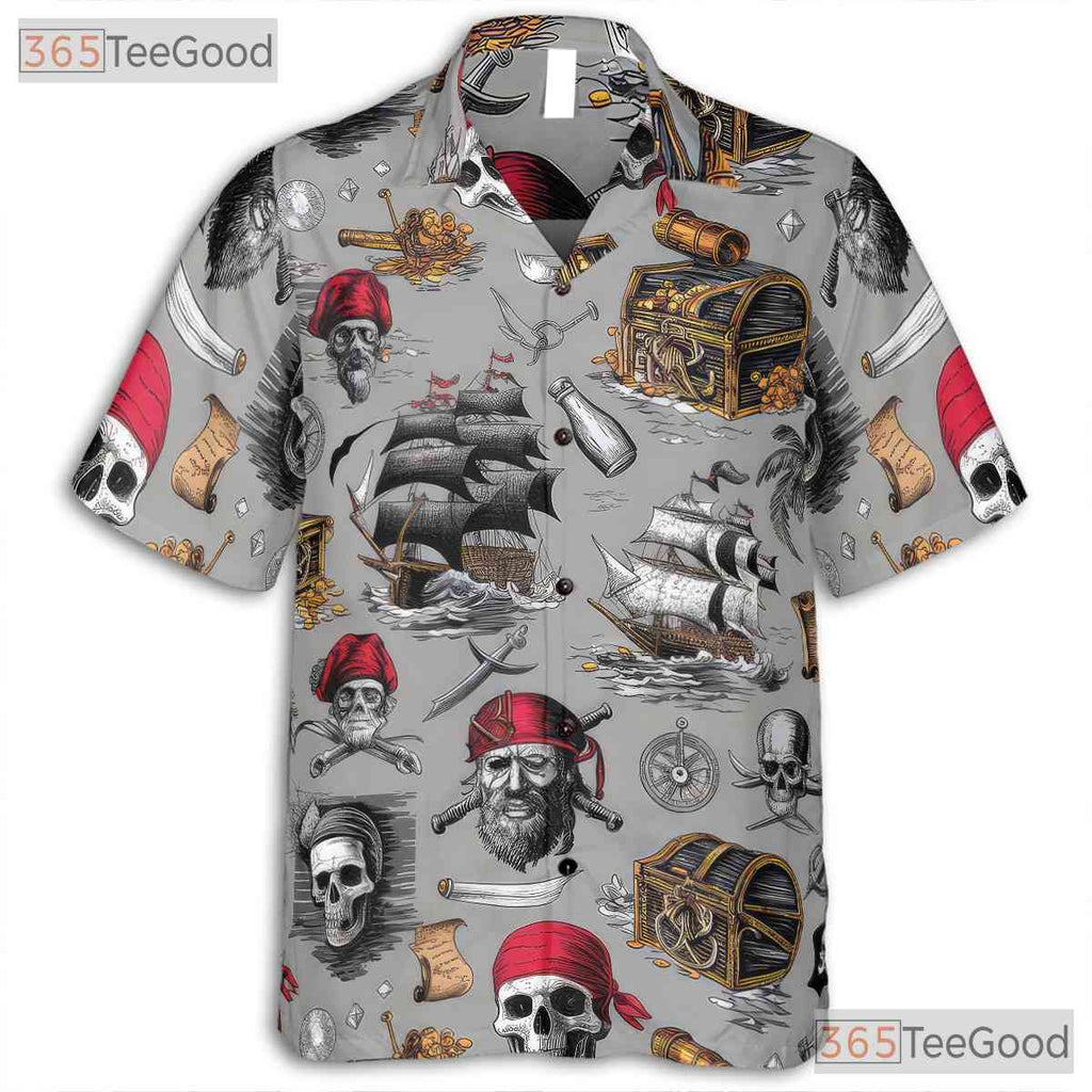 Vintage Pirate Skull Nautical Treasure Map Pattern Hawaiian Tee Unisex Top