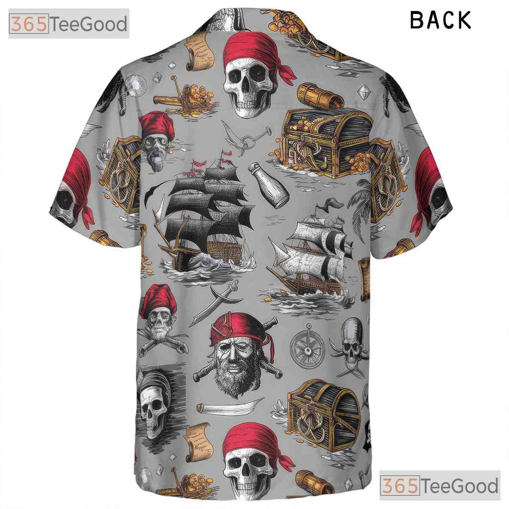 Vintage Pirate Skull Nautical Treasure Map Pattern Hawaiian Tee Unisex Top