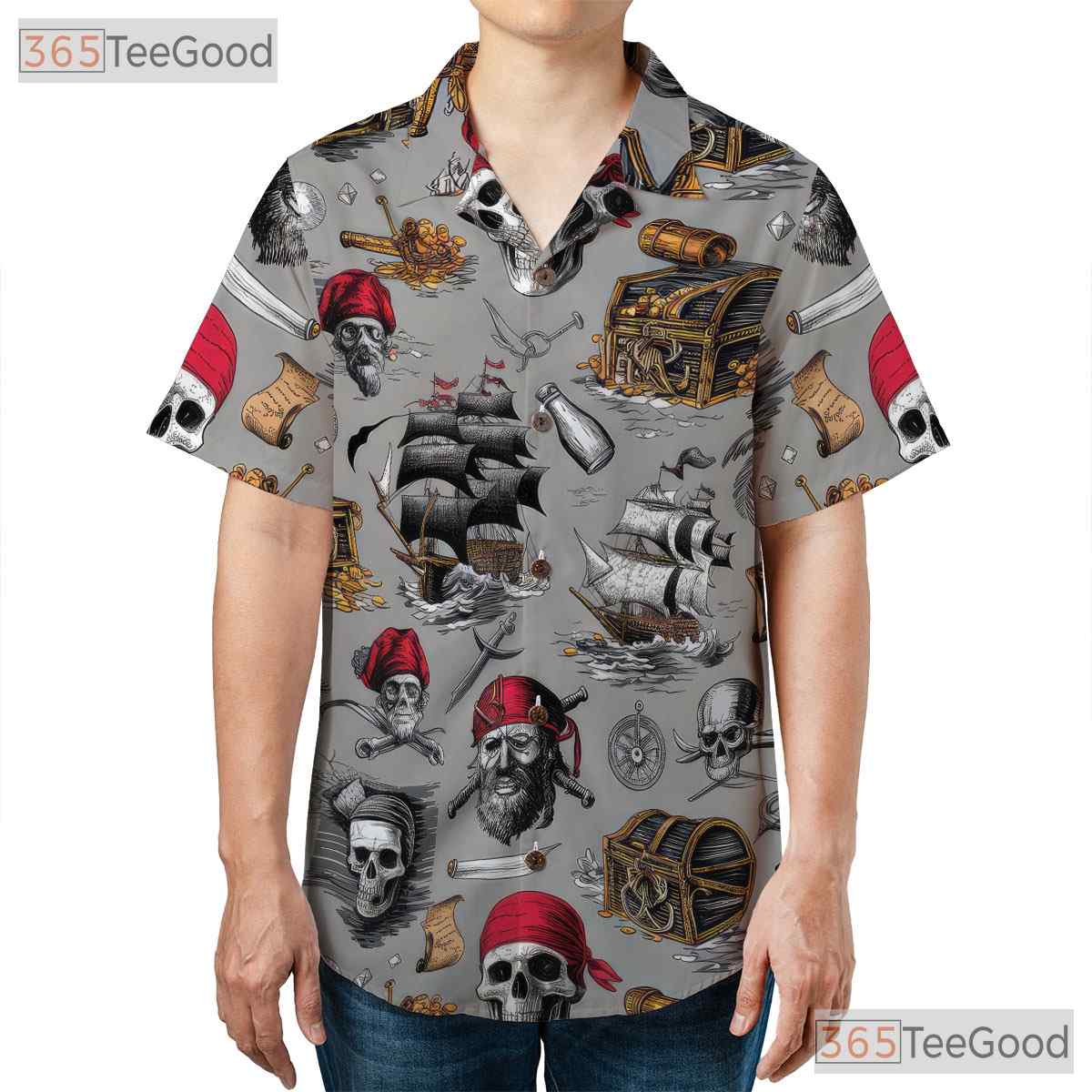 Vintage Pirate Skull Nautical Treasure Map Pattern Hawaiian Tee Unisex Top