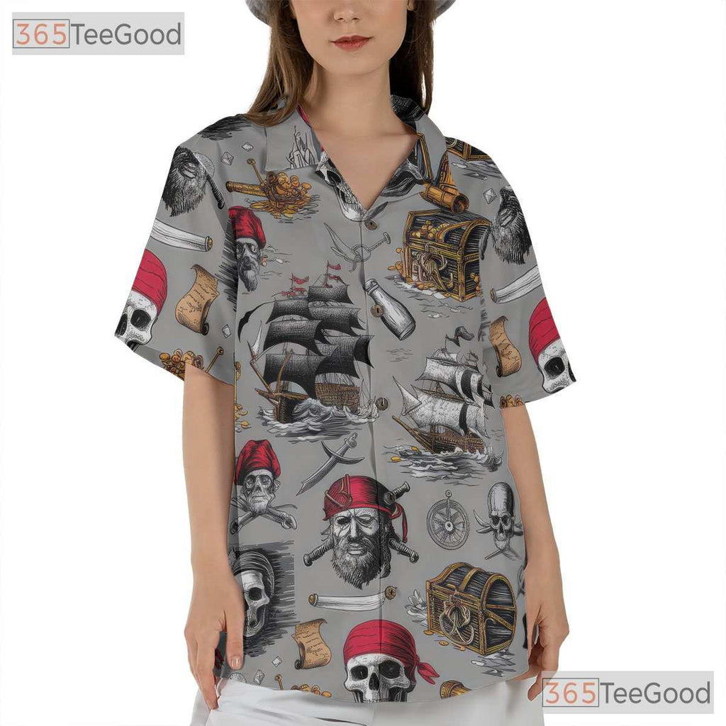 Vintage Pirate Skull Nautical Treasure Map Pattern Hawaiian Tee Unisex Top