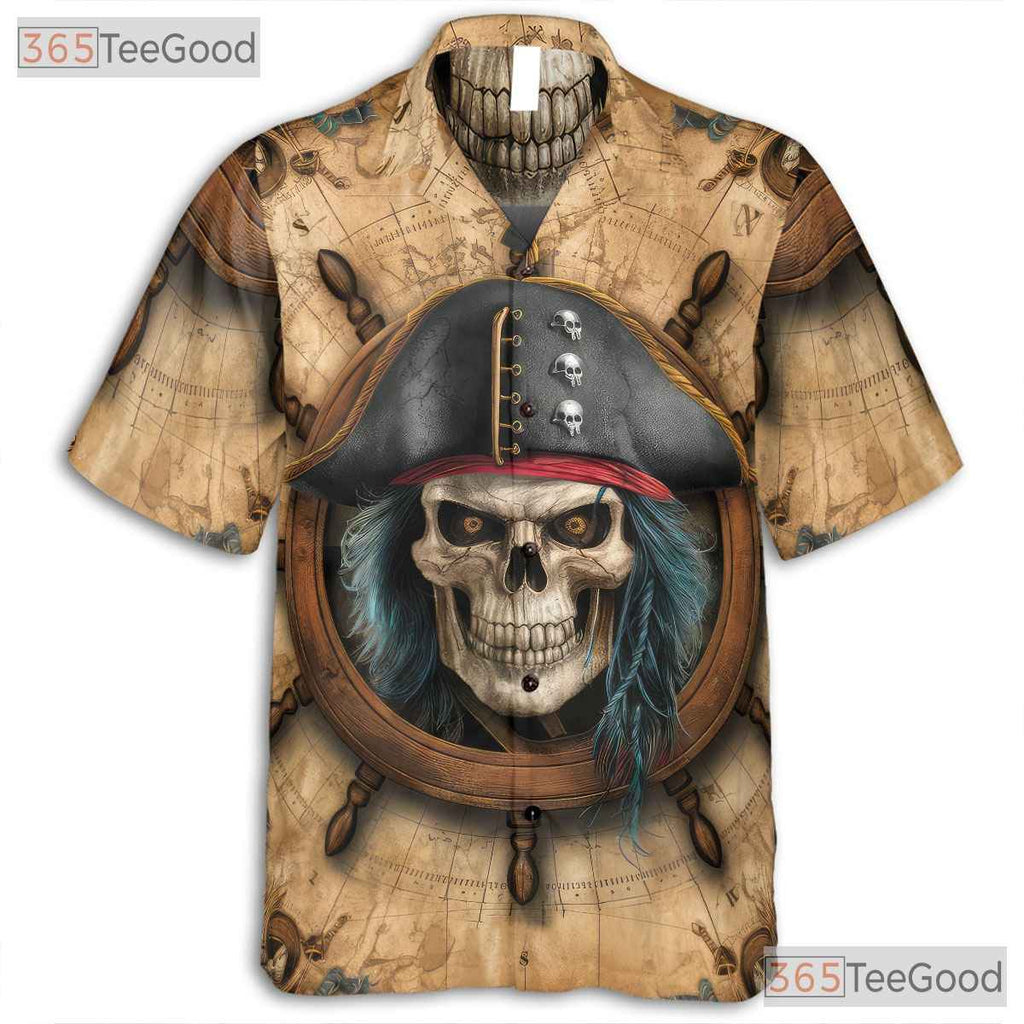 Vintage Pirate Skull Skeleton Ship Seamless Design Hawaiian Shirt Unisex Top