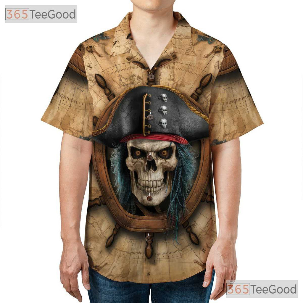 Vintage Pirate Skull Skeleton Ship Seamless Design Hawaiian Shirt Unisex Top