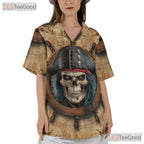 Vintage Pirate Skull Skeleton Ship Seamless Design Hawaiian Shirt Unisex Top