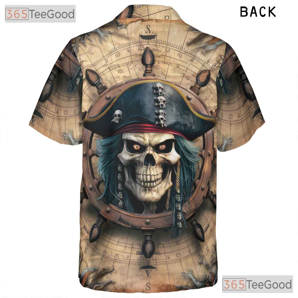 Vintage Pirate Skull Skeleton Ship Seamless Pattern Hawaiian Shirt Unisex