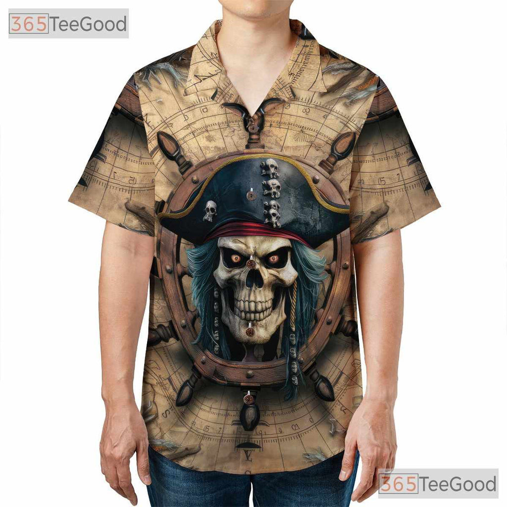 Vintage Pirate Skull Skeleton Ship Seamless Pattern Hawaiian Shirt Unisex