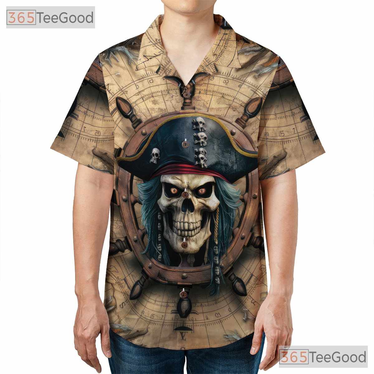 Vintage Pirate Skull Skeleton Ship Seamless Pattern Hawaiian Shirt Unisex
