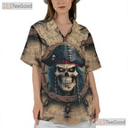 Vintage Pirate Skull Skeleton Ship Seamless Pattern Hawaiian Shirt Unisex