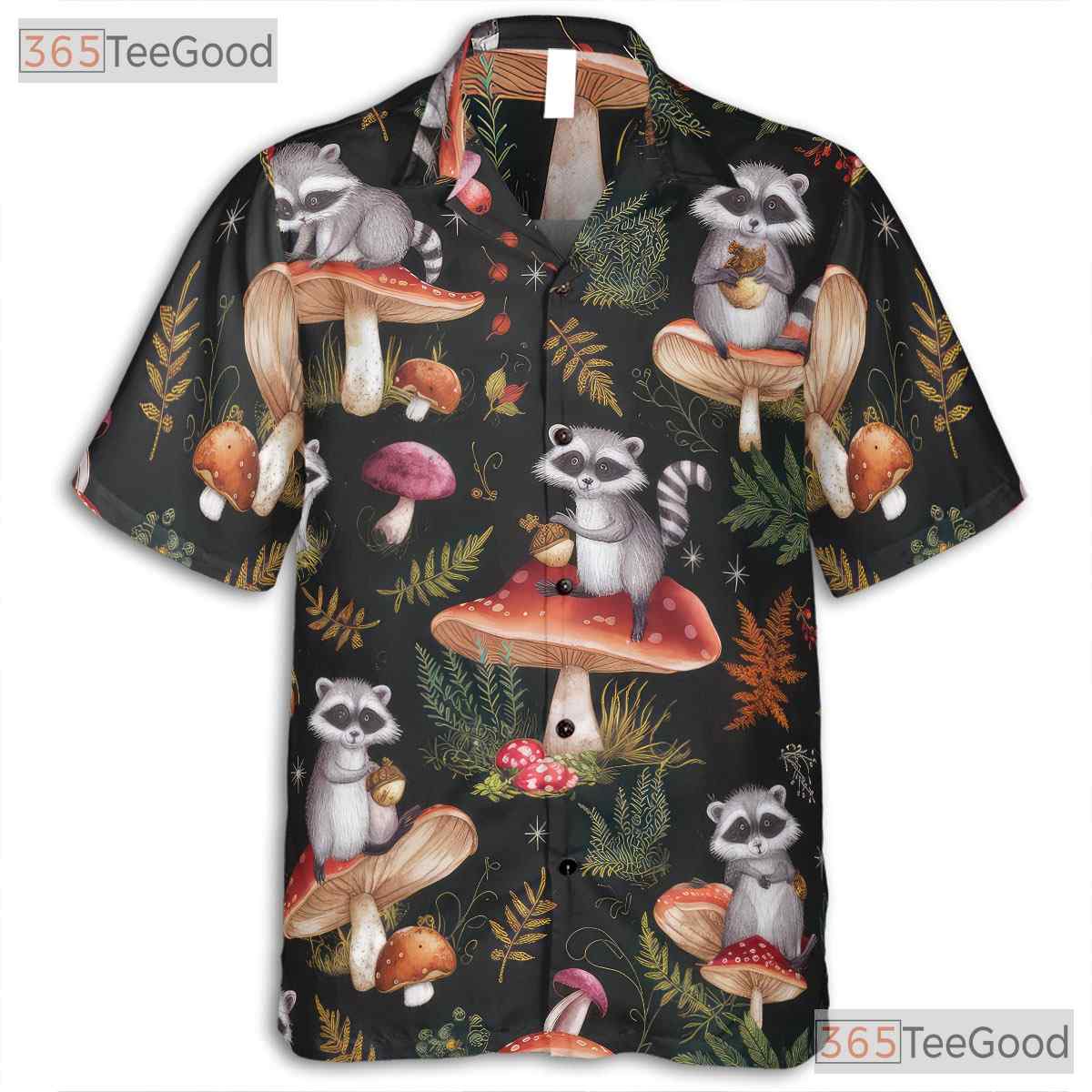 Vintage Raccoon Hawaiian Shirt - Men's Forest Mushroom Print Aloha Tee