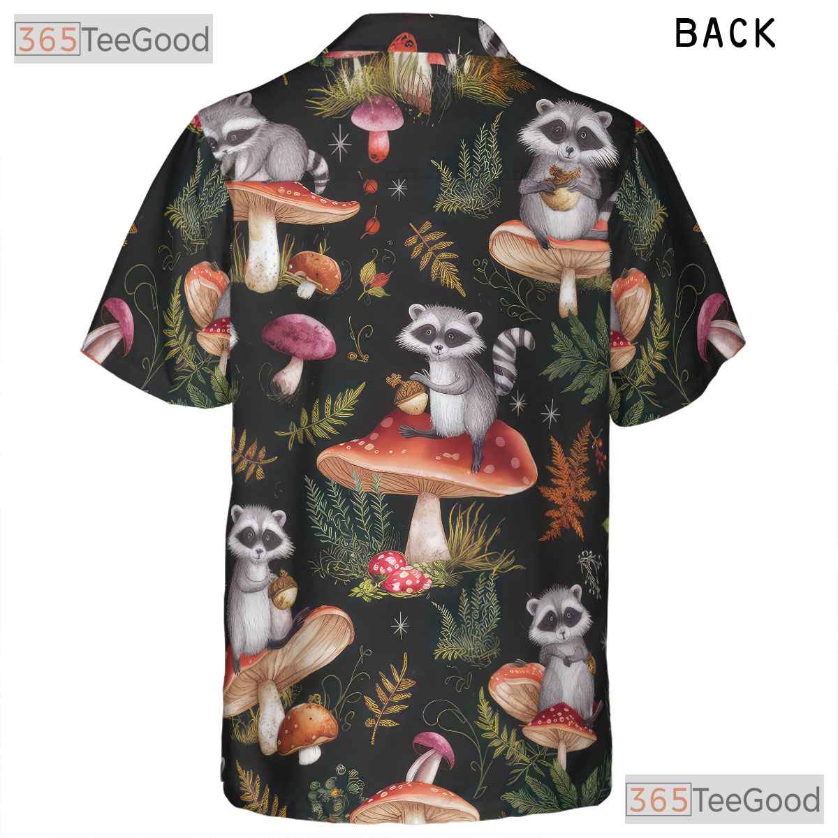 Vintage Raccoon Hawaiian Shirt - Men's Forest Mushroom Print Aloha Tee
