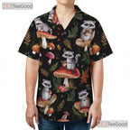 Vintage Raccoon Hawaiian Shirt - Men's Forest Mushroom Print Aloha Tee
