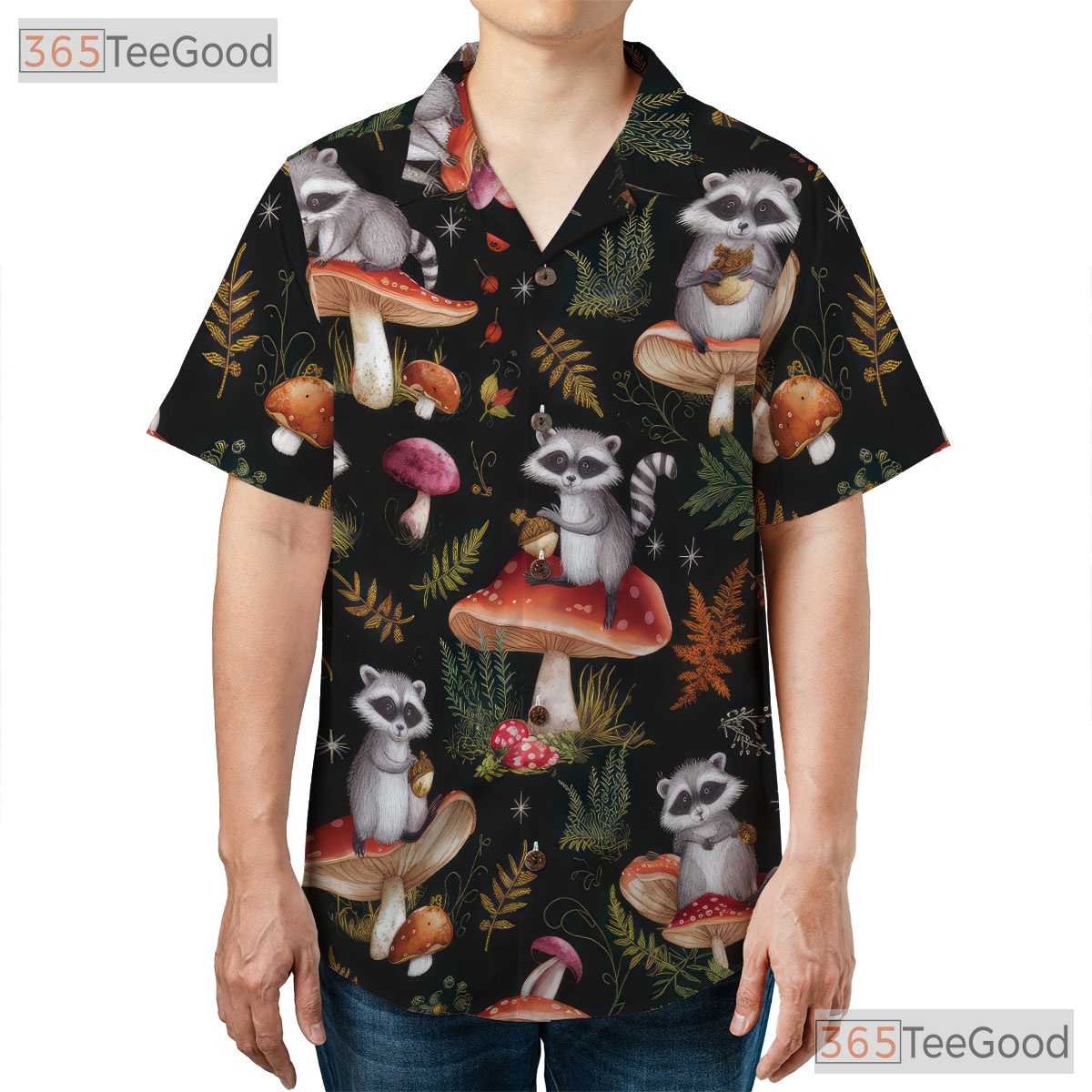 Vintage Raccoon Hawaiian Shirt - Men's Forest Mushroom Print Aloha Tee