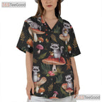 Vintage Raccoon Hawaiian Shirt - Men's Forest Mushroom Print Aloha Tee