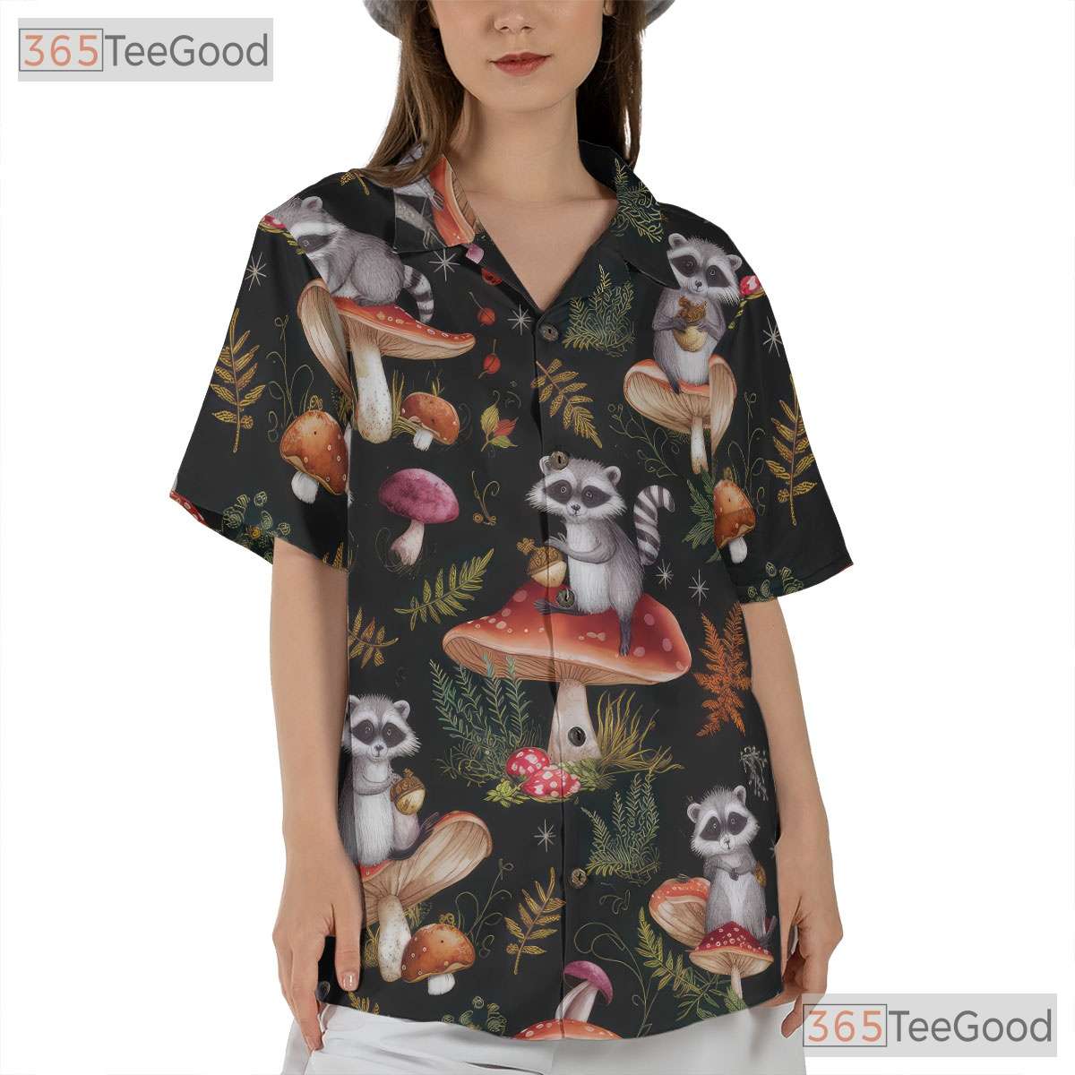 Vintage Raccoon Hawaiian Shirt - Men's Forest Mushroom Print Aloha Tee