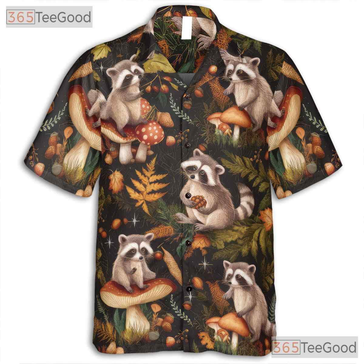 Vintage Raccoon Mushroom Hawaiian Shirt, Woodland Summer Aloha Top