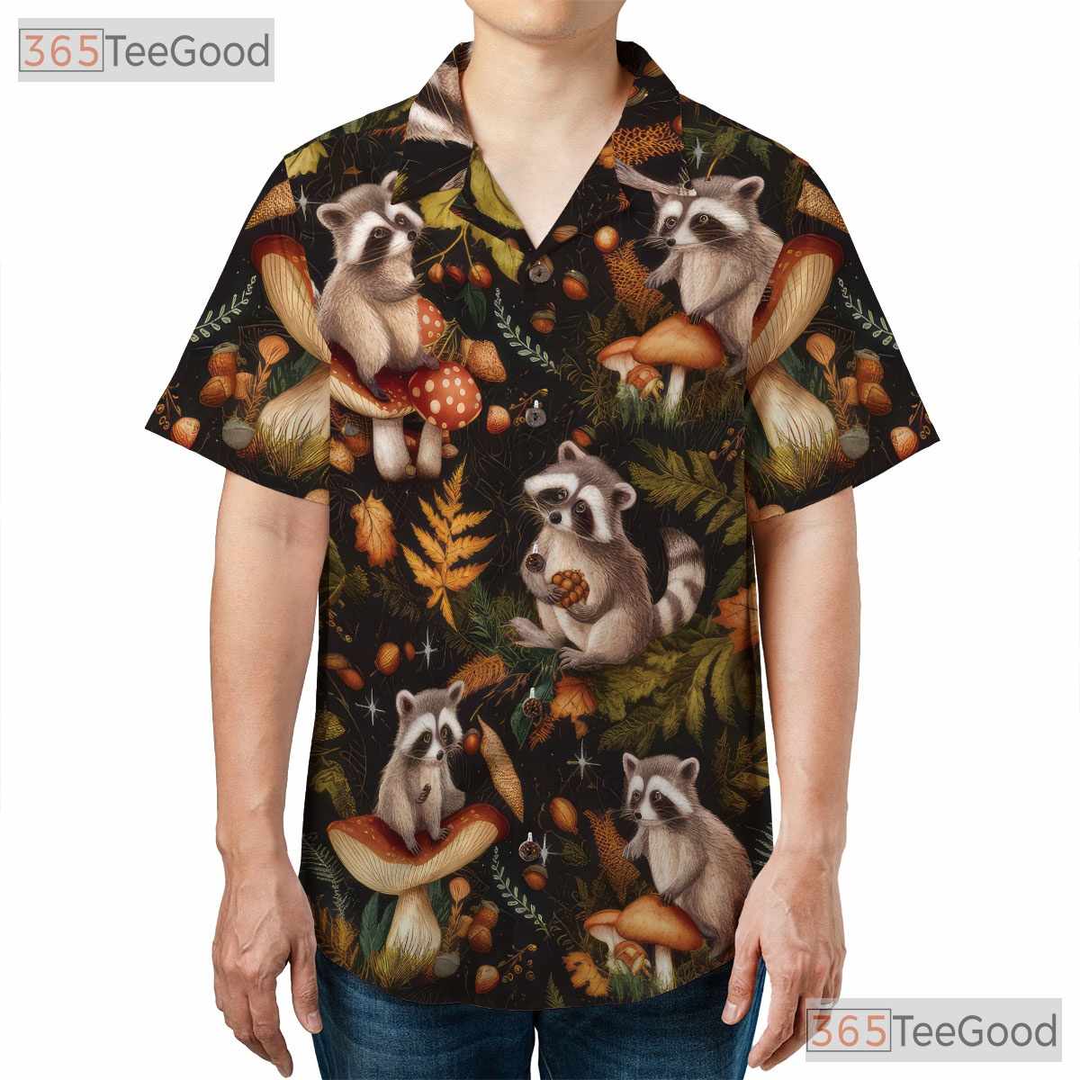 Vintage Raccoon Mushroom Hawaiian Shirt, Woodland Summer Aloha Top
