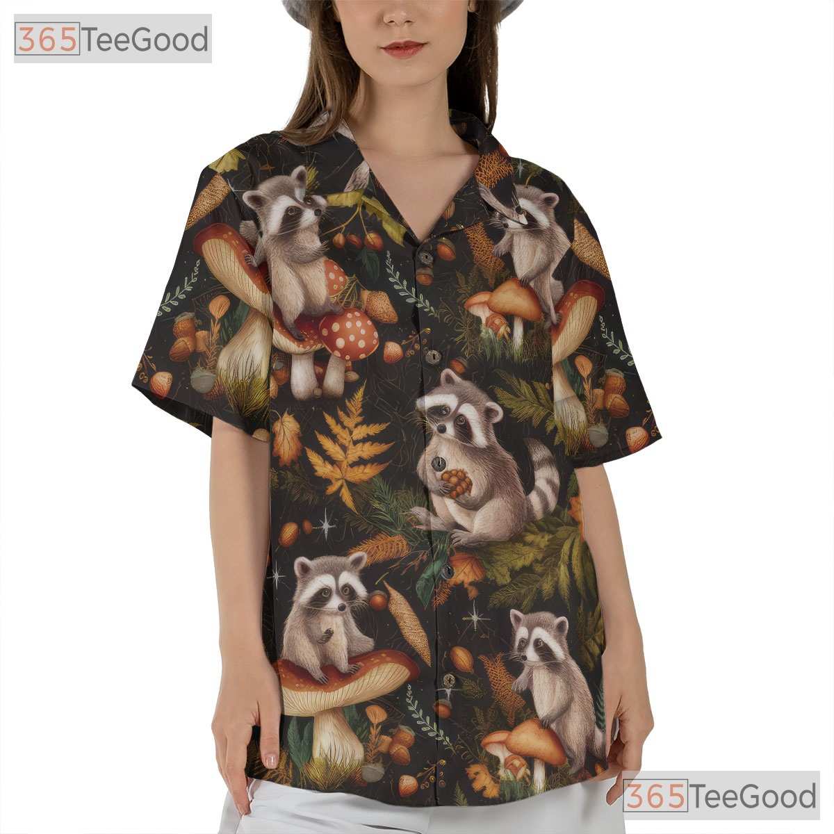 Vintage Raccoon Mushroom Hawaiian Shirt, Woodland Summer Aloha Top