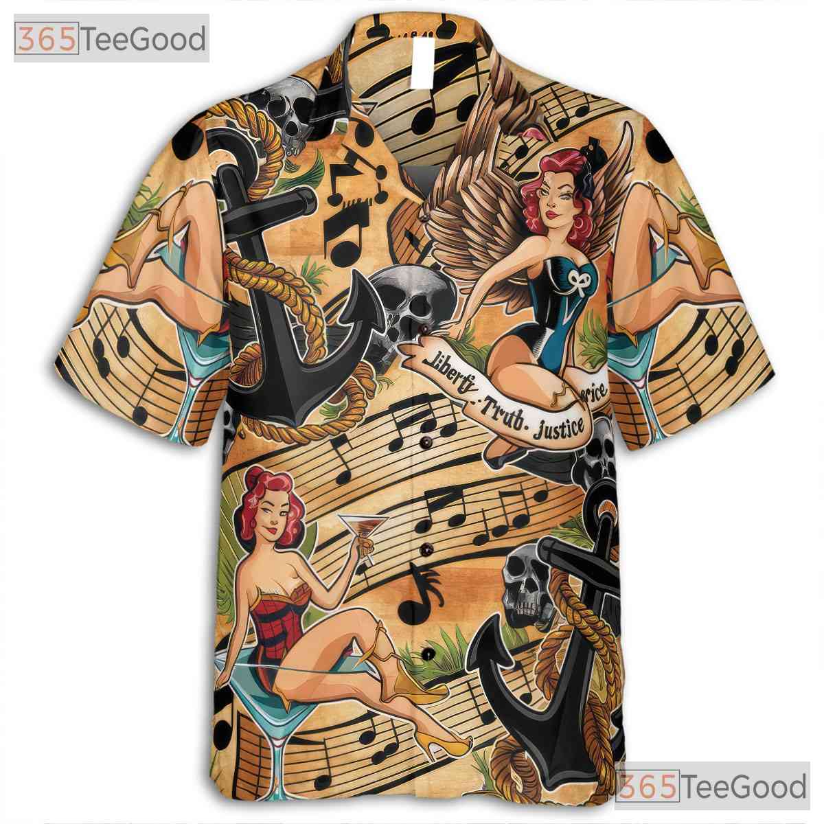Vintage Retro Pin Up Girls Anchors Music Notes Hawaiian Tee Unisex Outfit Top