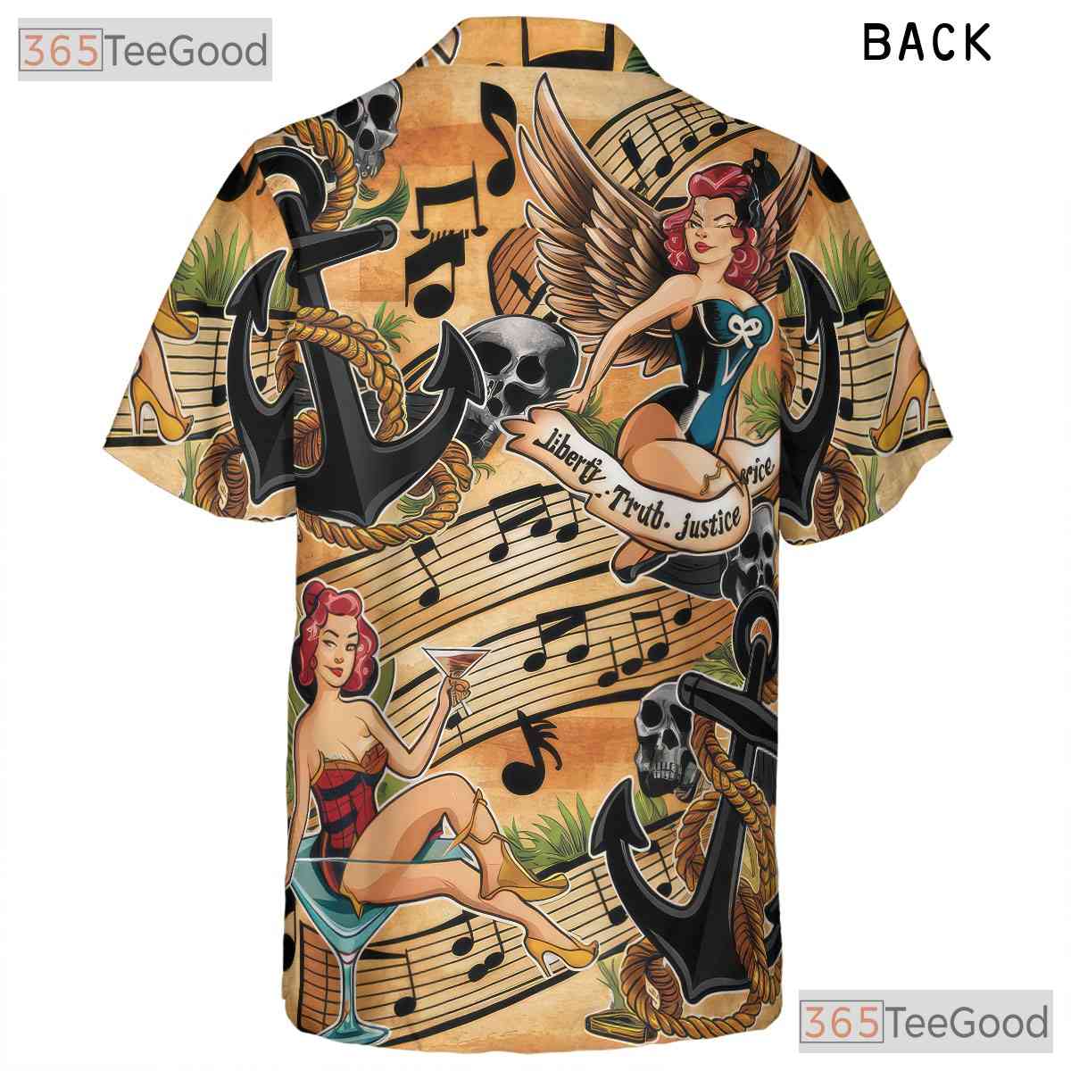 Vintage Retro Pin Up Girls Anchors Music Notes Hawaiian Tee Unisex Outfit Top