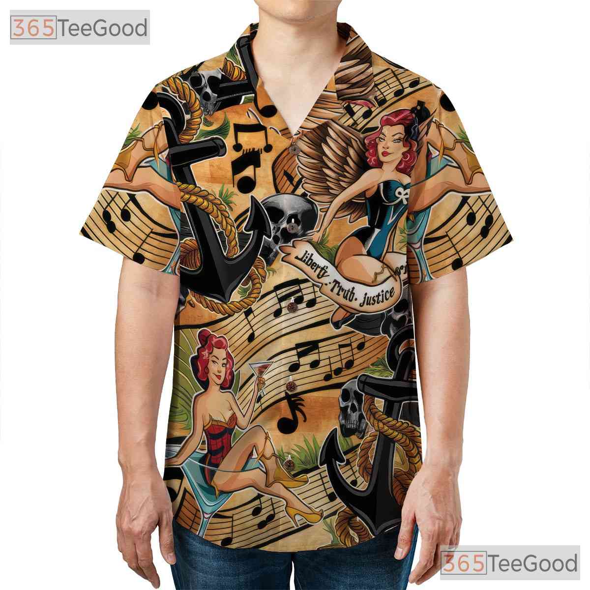 Vintage Retro Pin Up Girls Anchors Music Notes Hawaiian Tee Unisex Outfit Top