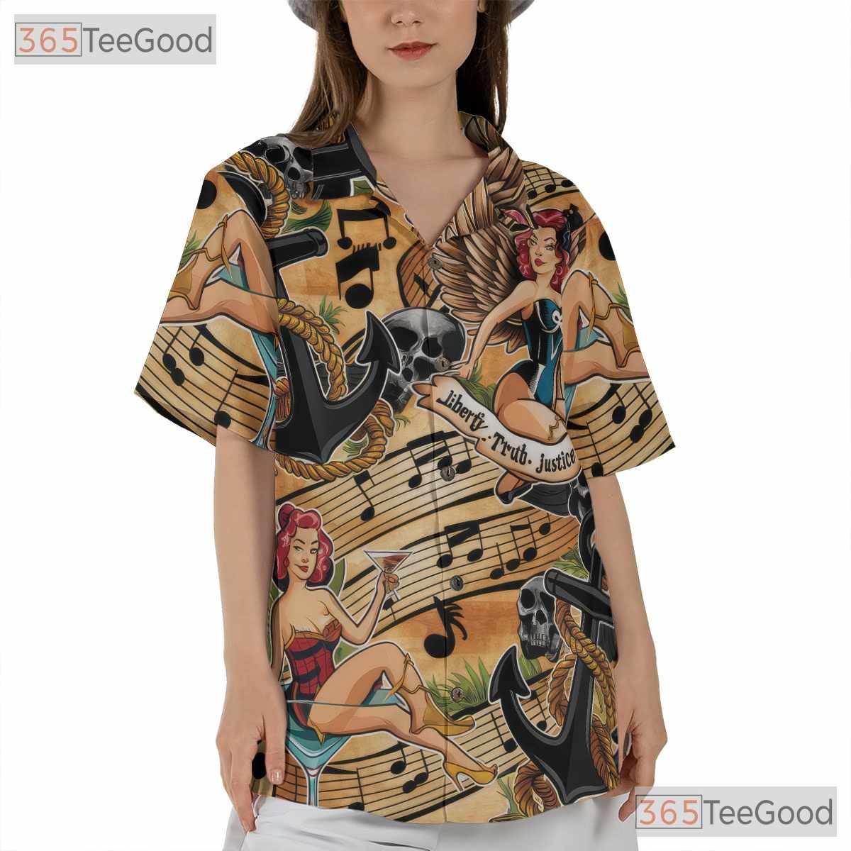 Vintage Retro Pin Up Girls Anchors Music Notes Hawaiian Tee Unisex Outfit Top