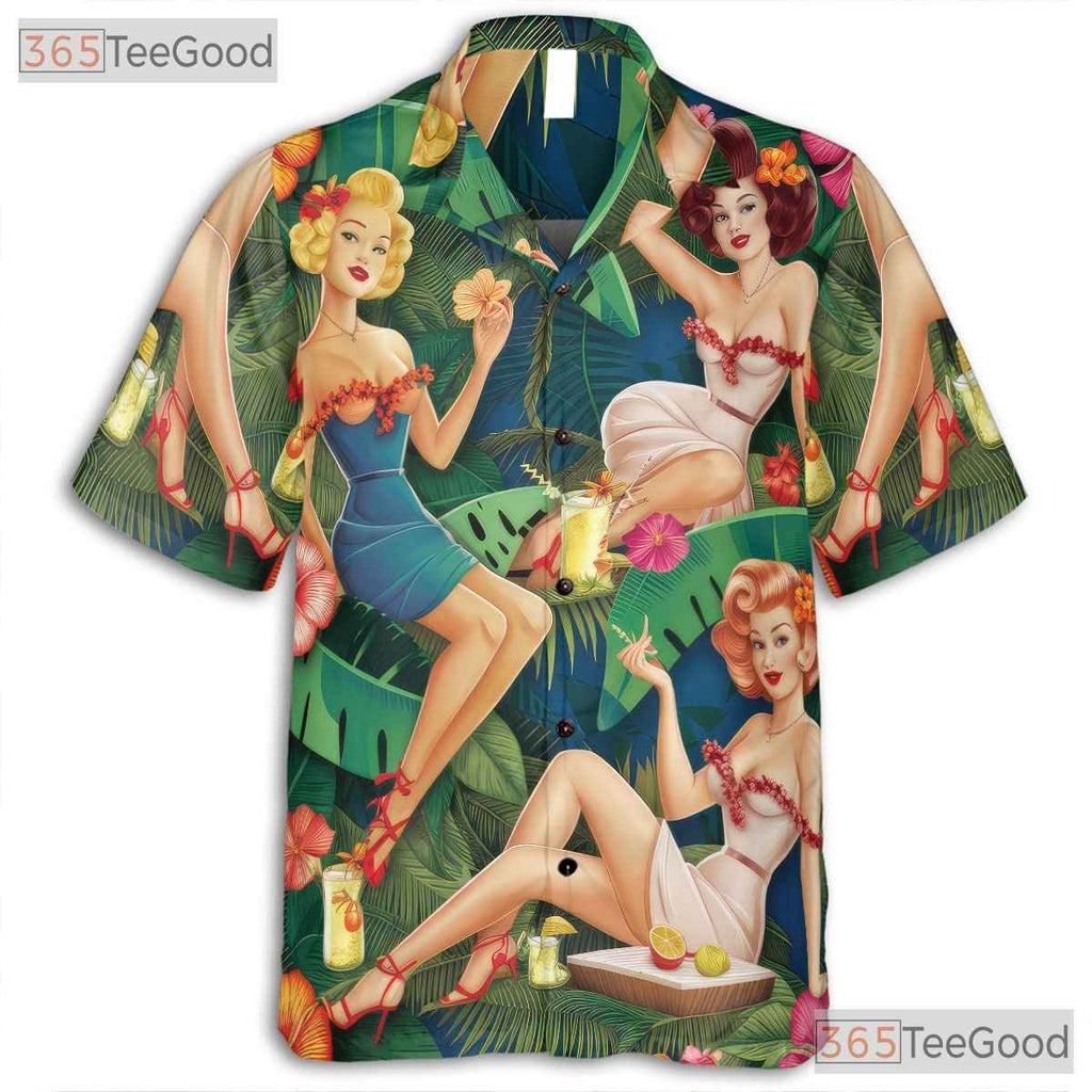 Vintage Retro Pin Up Girls Tiki Aloha Beachwear Hawaiian Shirt Unisex Outfit