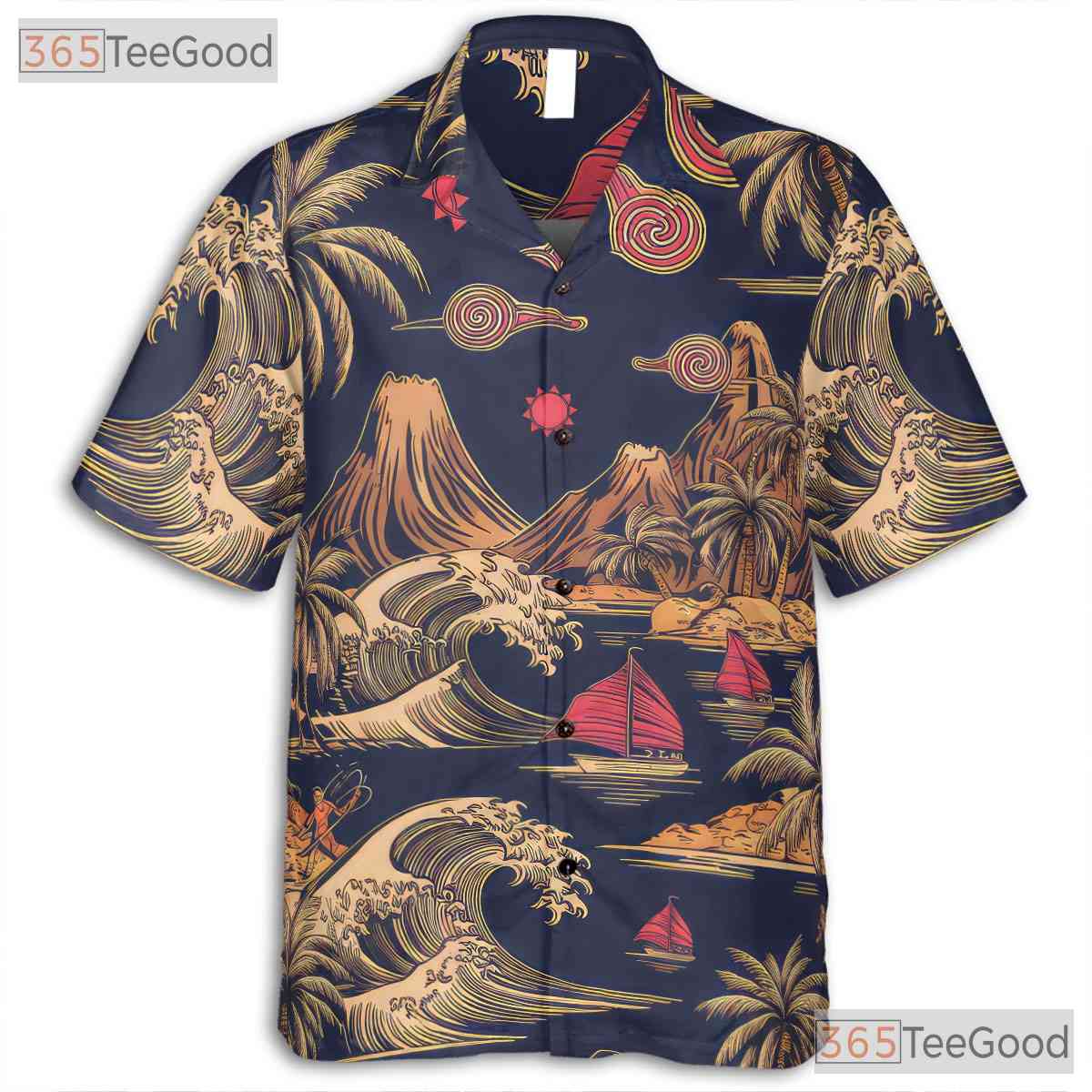 Vintage Retro Surfing Palm Trees Ocean Waves Hawaiian Shirt Unisex Summer Tee