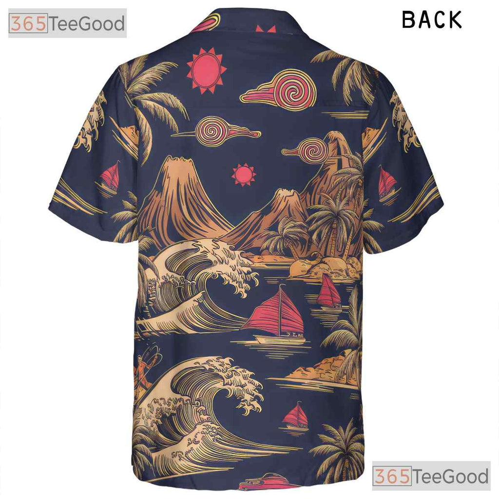 Vintage Retro Surfing Palm Trees Ocean Waves Hawaiian Shirt Unisex Summer Tee