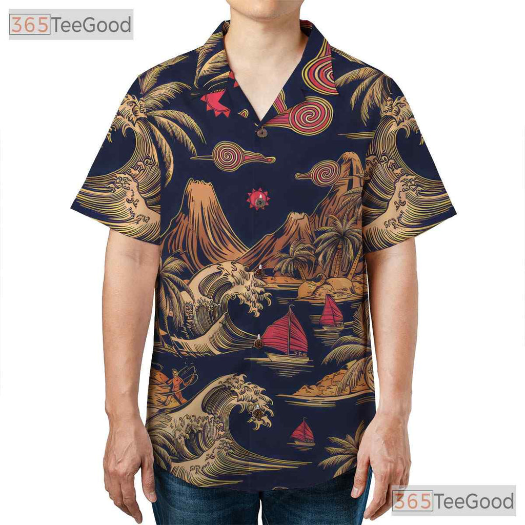 Vintage Retro Surfing Palm Trees Ocean Waves Hawaiian Shirt Unisex Summer Tee
