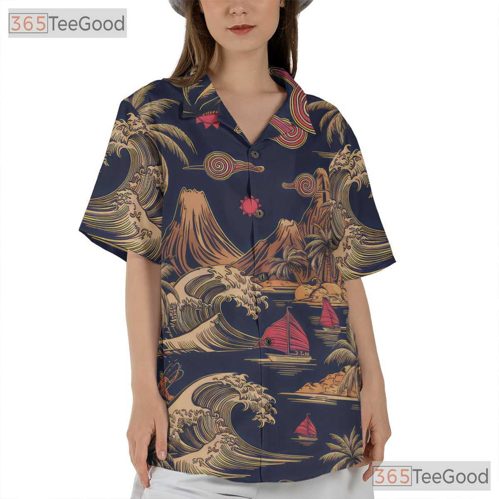 Vintage Retro Surfing Palm Trees Ocean Waves Hawaiian Shirt Unisex Summer Tee