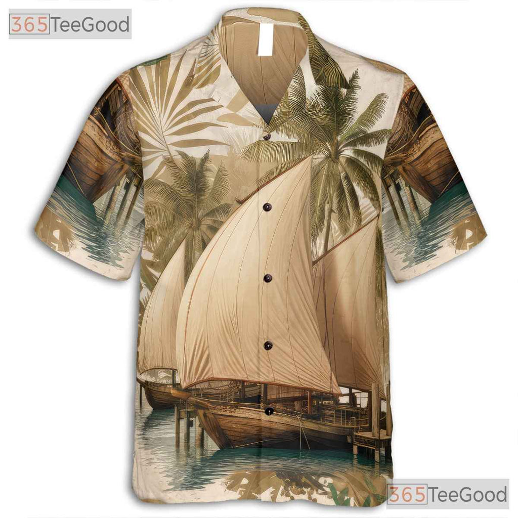 Vintage Sailing Palm Trees Island Nautical Hawaiian Shirt Unisex Beach Top