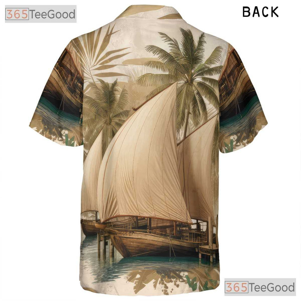Vintage Sailing Palm Trees Island Nautical Hawaiian Shirt Unisex Beach Top