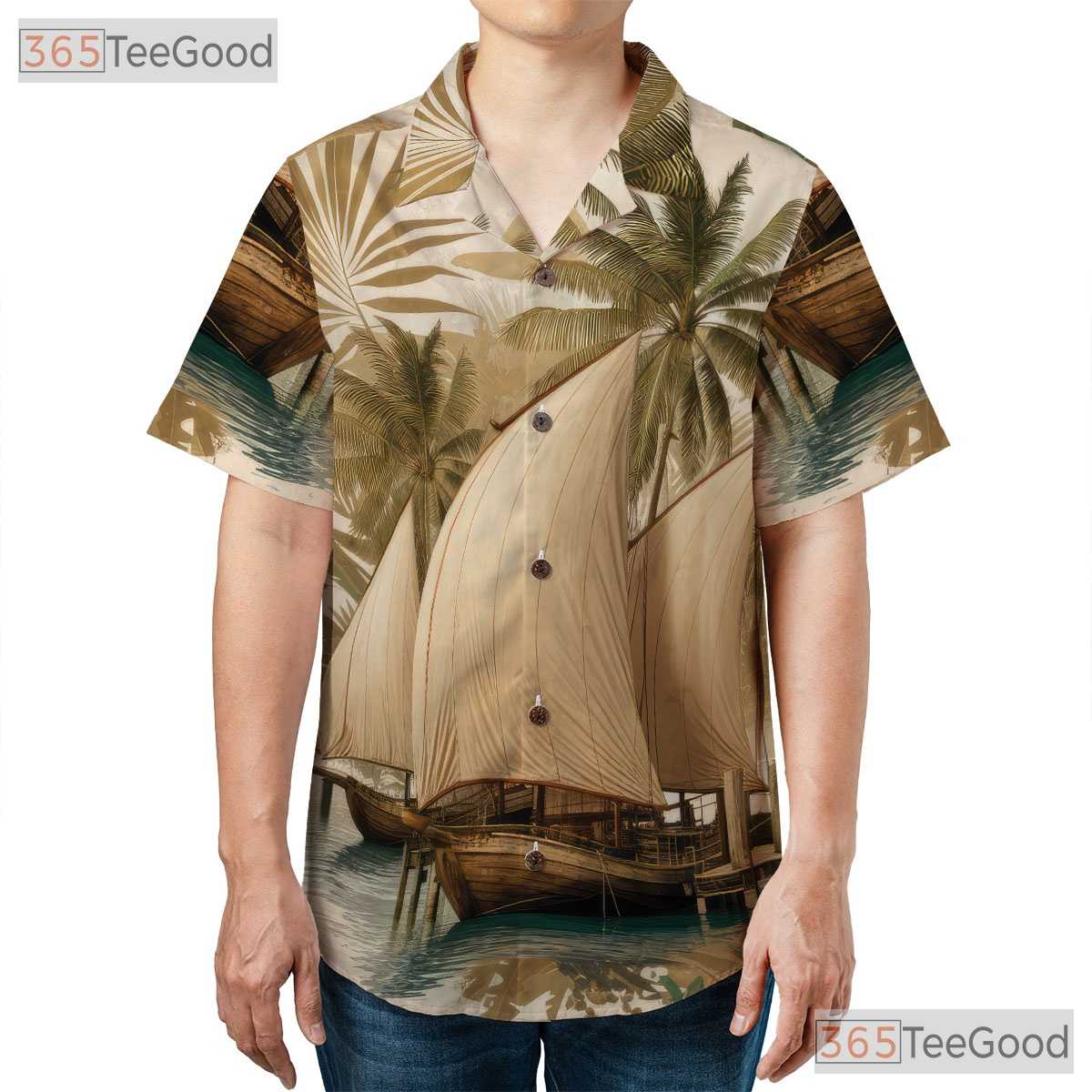 Vintage Sailing Palm Trees Island Nautical Hawaiian Shirt Unisex Beach Top