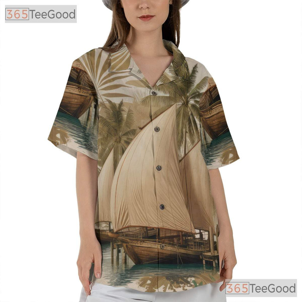 Vintage Sailing Palm Trees Island Nautical Hawaiian Shirt Unisex Beach Top