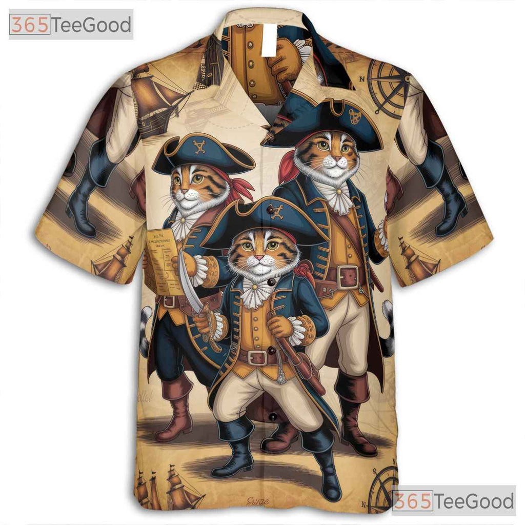 Vintage Steampunk Pirate Cat Hawaiian Tee- Feline Nautical Map Beachwear