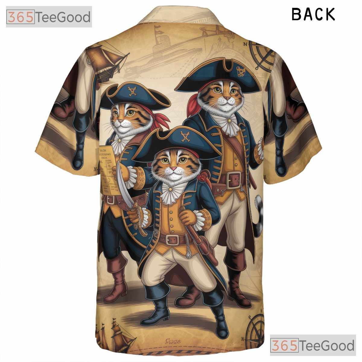 Vintage Steampunk Pirate Cat Hawaiian Tee- Feline Nautical Map Beachwear