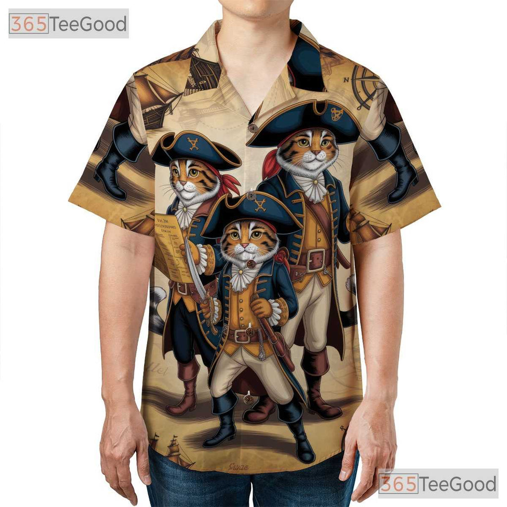 Vintage Steampunk Pirate Cat Hawaiian Tee- Feline Nautical Map Beachwear