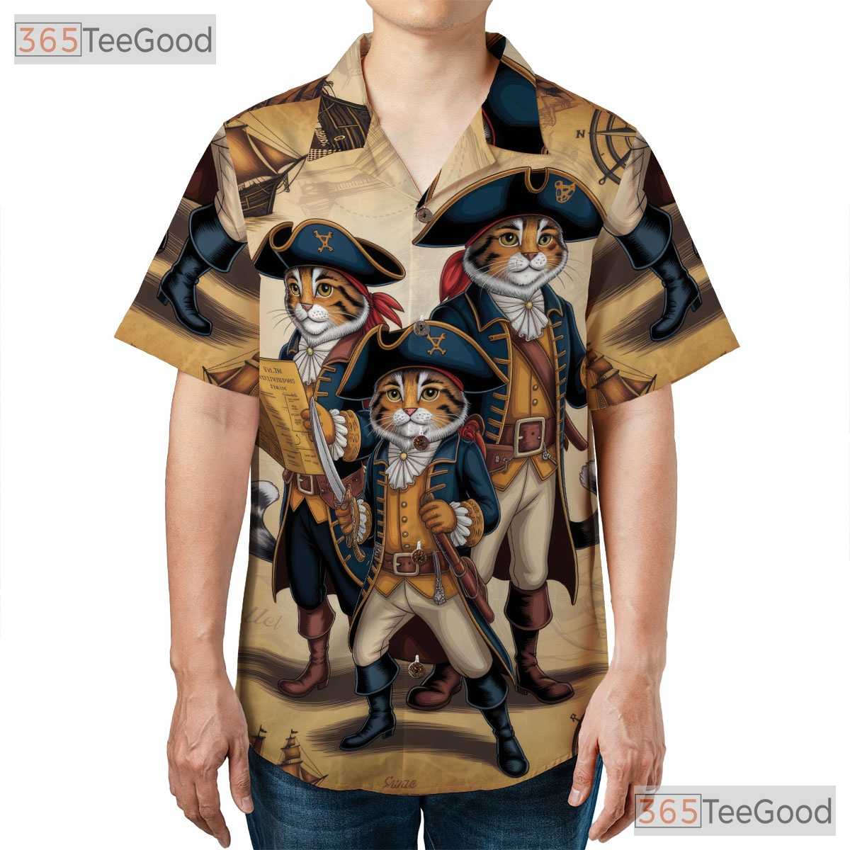 Vintage Steampunk Pirate Cat Hawaiian Tee- Feline Nautical Map Beachwear