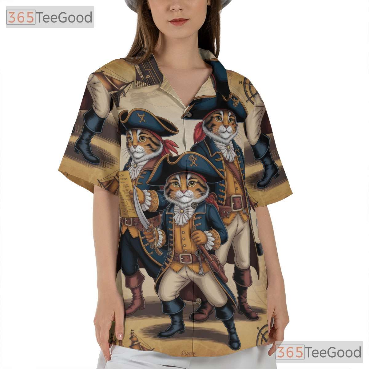 Vintage Steampunk Pirate Cat Hawaiian Tee- Feline Nautical Map Beachwear