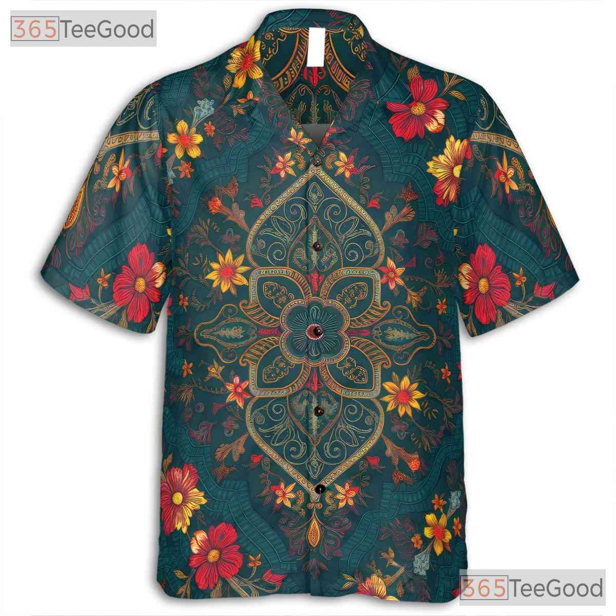 Vintage Teal Floral Boho Ornate Pattern Hawaiian Tee Unisex Summer Outfit Top