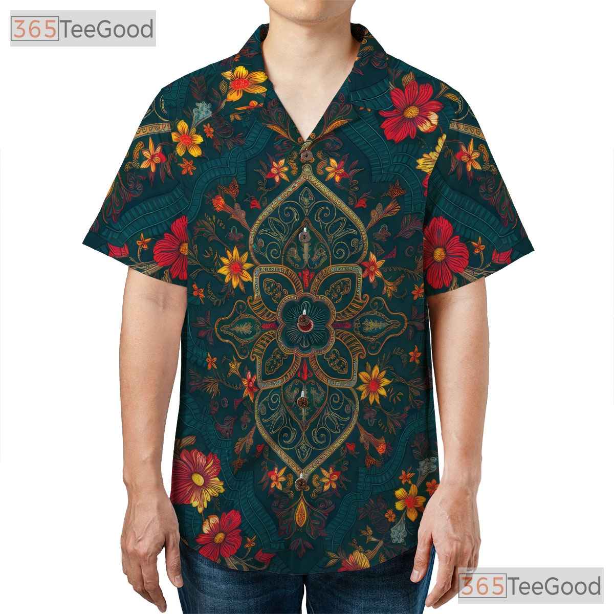 Vintage Teal Floral Boho Ornate Pattern Hawaiian Tee Unisex Summer Outfit Top