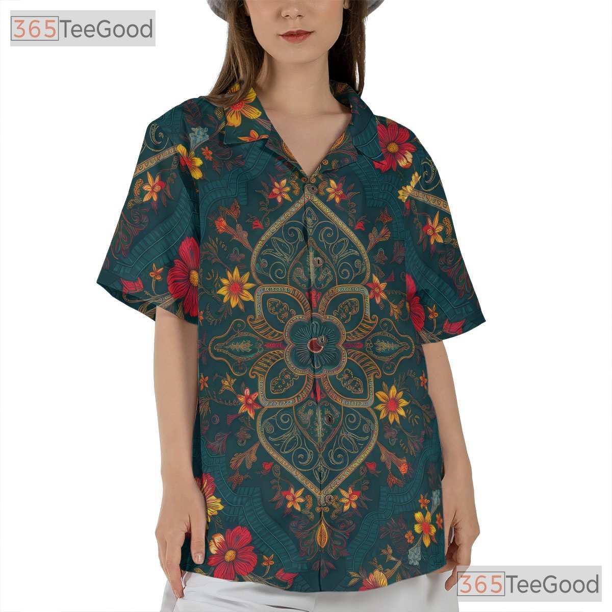 Vintage Teal Floral Boho Ornate Pattern Hawaiian Tee Unisex Summer Outfit Top
